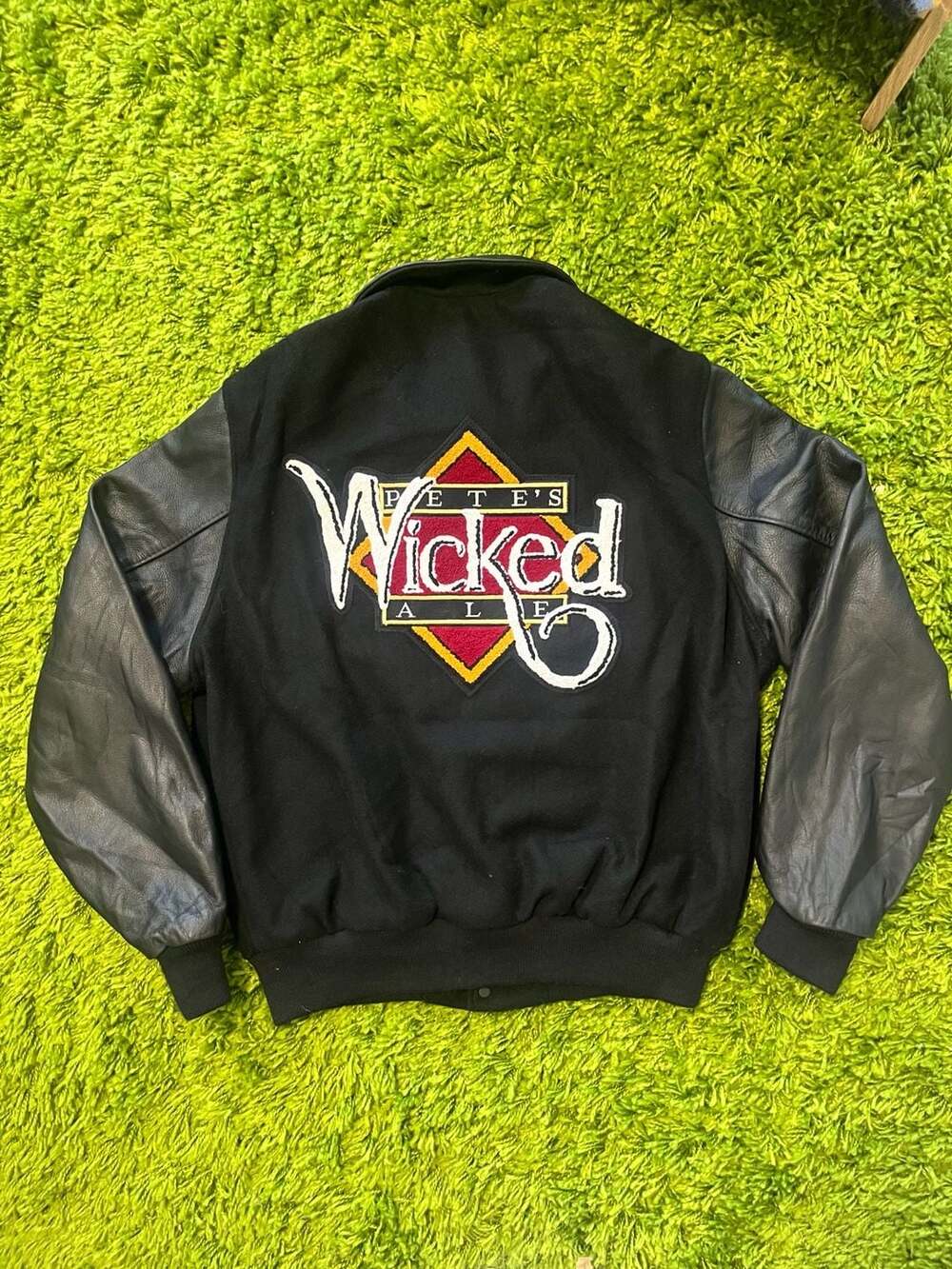 Vintage Pete's Wicked Ale Wool and Leather Varsity Jacket by Dehen